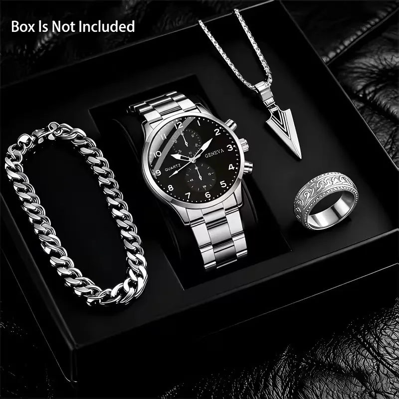 4PCS Men’s Fashion Quartz Watch & Accessories Set | Classic Round Dial Watch with Stainless Steel Strap | Gift Set – Silver & Black