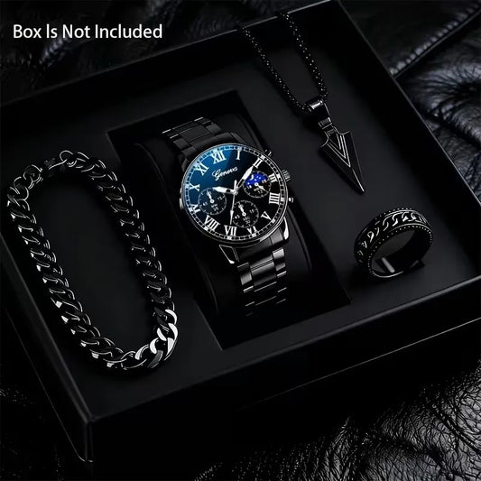 4PCS Men’s Fashion Quartz Watch & Accessories Set | Classic Round Dial Watch with Stainless Steel Strap | Gift Set – Silver & Black