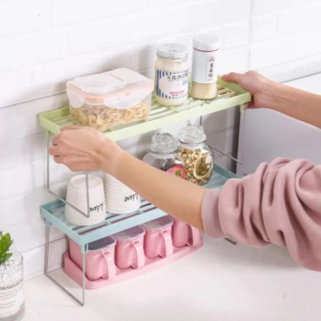 1 Piece Folding Stack up shelf for spice jars Cabinet Shelves foldable Shelf Stand Spice Jars